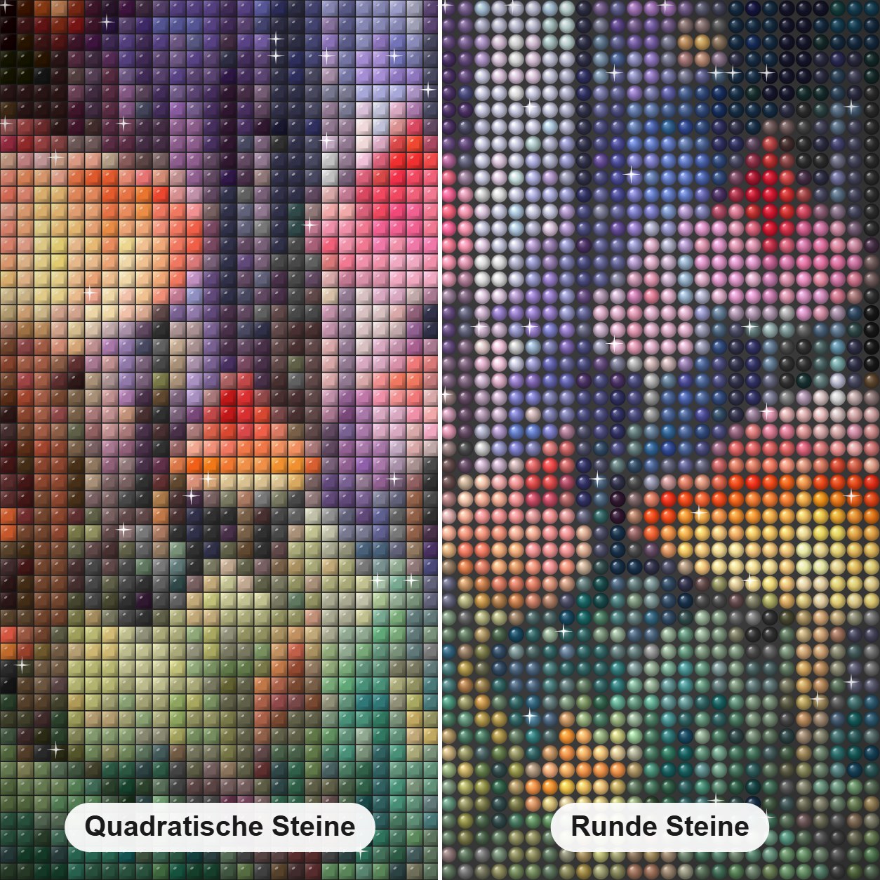 Versteckter Garten Diamond Painting Nahaufnahme mit quadratischen und runden Steinen