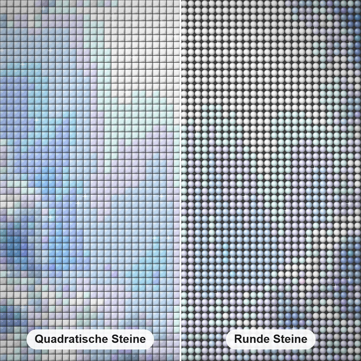 Himmelstor Diamond Painting Nahaufnahme mit quadratischen und runden Steinen