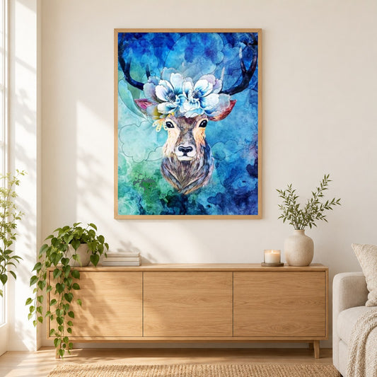 Hirsch mit Blumen Kopffarbe von Diamanten als gerahmtes Diamond Painting im Wohnzimmer