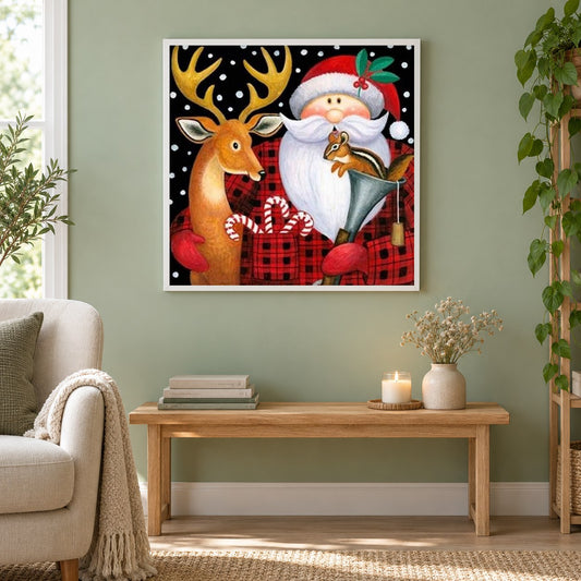 Hirsch & Weihnachtsmann Weihnachtskarte als gerahmtes Diamond Painting im Wohnzimmer