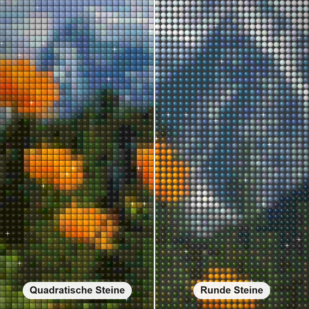 Hohe Berge & gelbe Blumen Diamond Painting Nahaufnahme mit quadratischen und runden Steinen