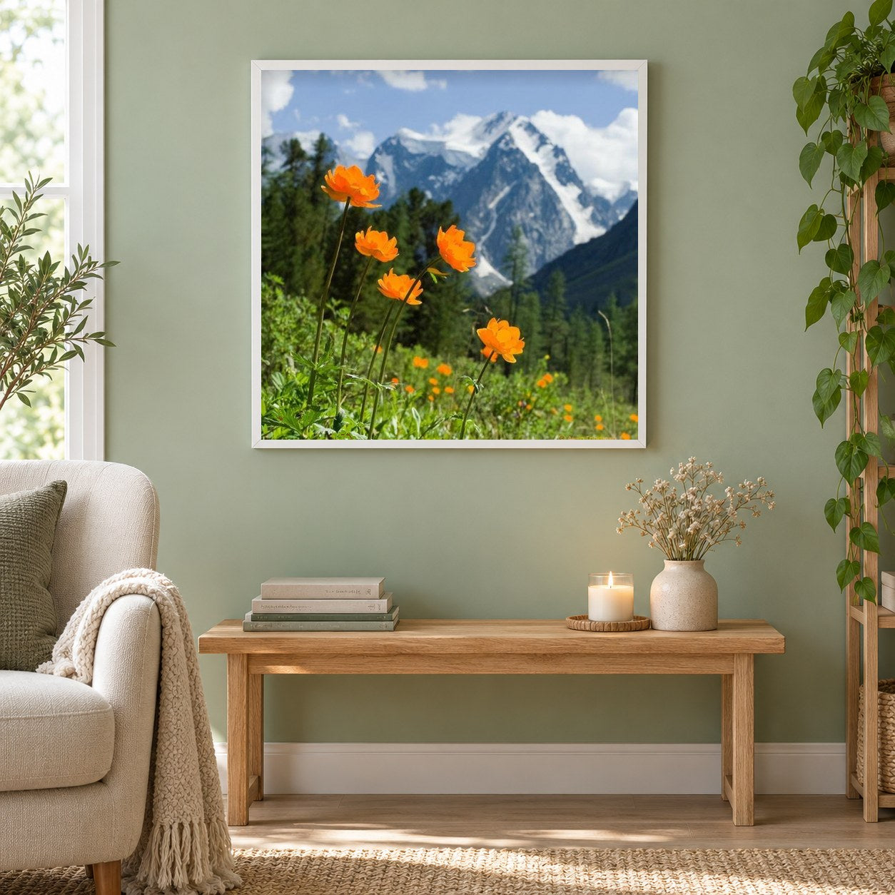 Hohe Berge & gelbe Blumen als gerahmtes Diamond Painting im Wohnzimmer