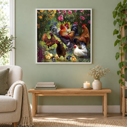 Hühn im Garten als gerahmtes Diamond Painting im Wohnzimmer