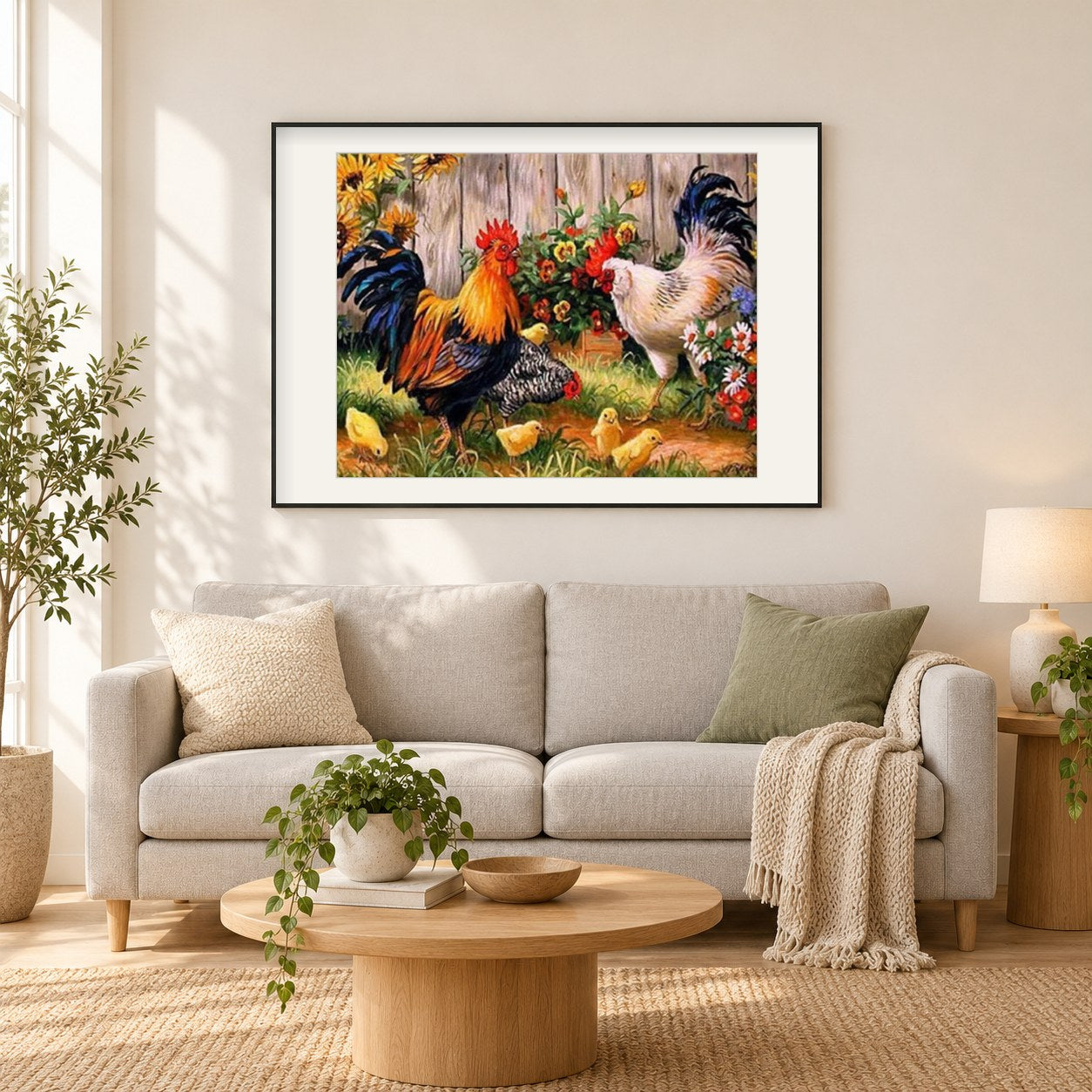 Hühner auf dem Bauernhof als gerahmtes Diamond Painting im Wohnzimmer