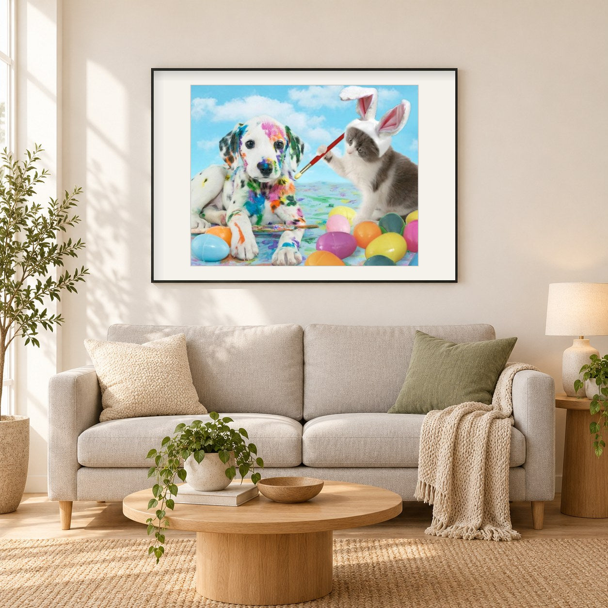 Hund & Katze feiern Ostern als gerahmtes Diamond Painting im Wohnzimmer
