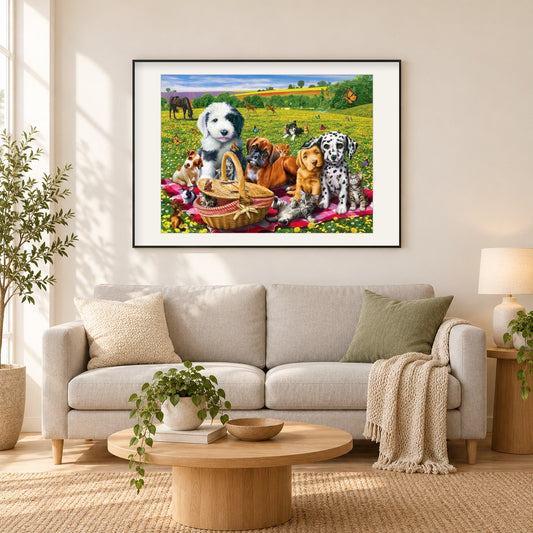 Hunde & Katzen beim Picknick. als gerahmtes Diamond Painting im Wohnzimmer