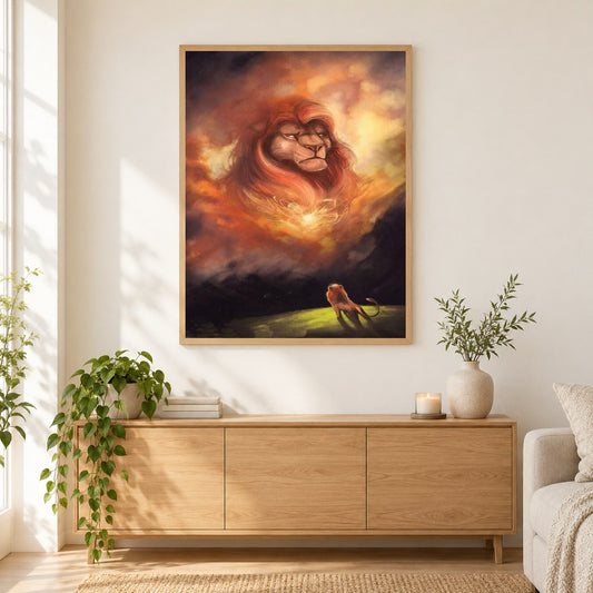 imba & Löwenkönig als gerahmtes Diamond Painting im Wohnzimmer