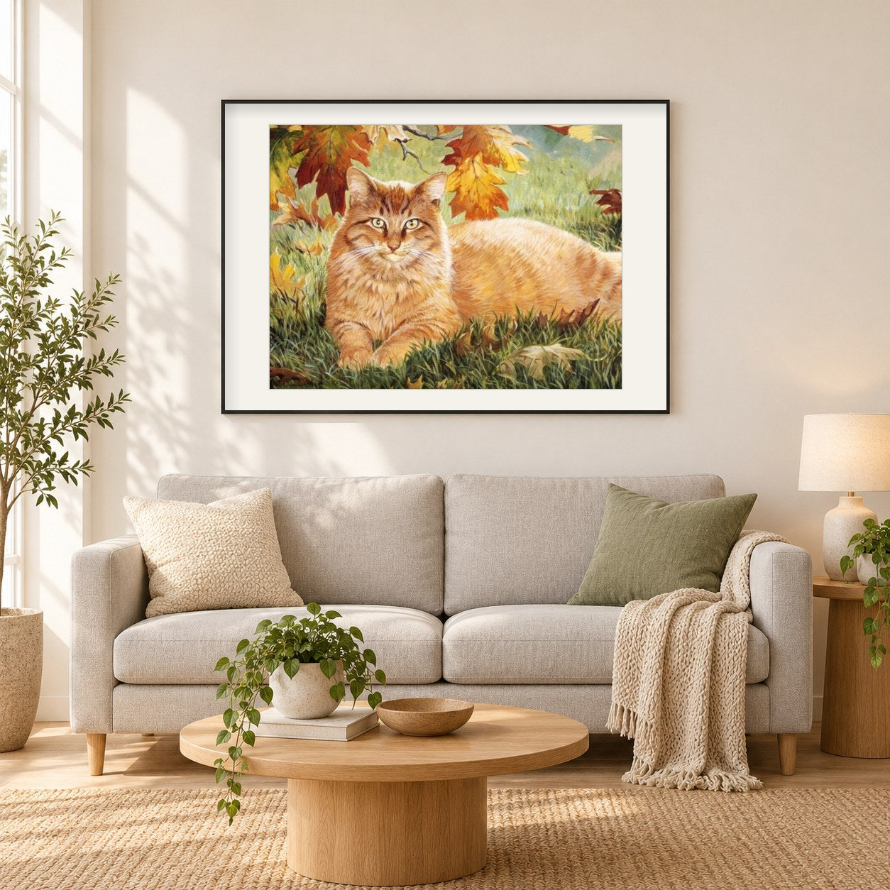 Ingwer Katze als gerahmtes Diamond Painting im Wohnzimmer