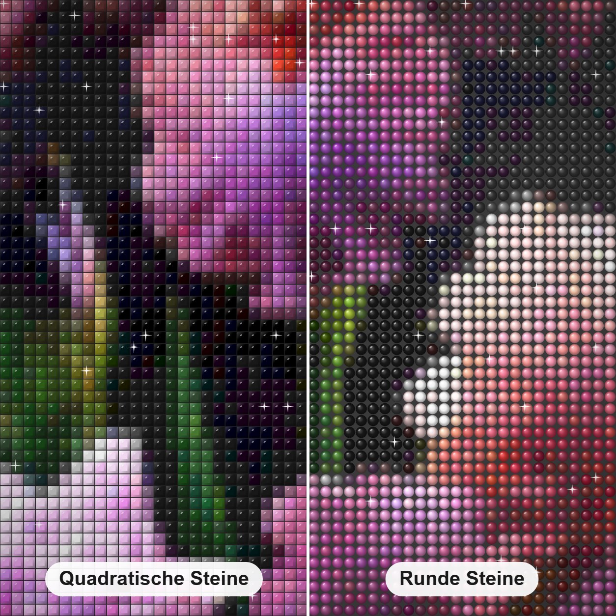 Iris Diamond Painting Nahaufnahme mit quadratischen und runden Steinen