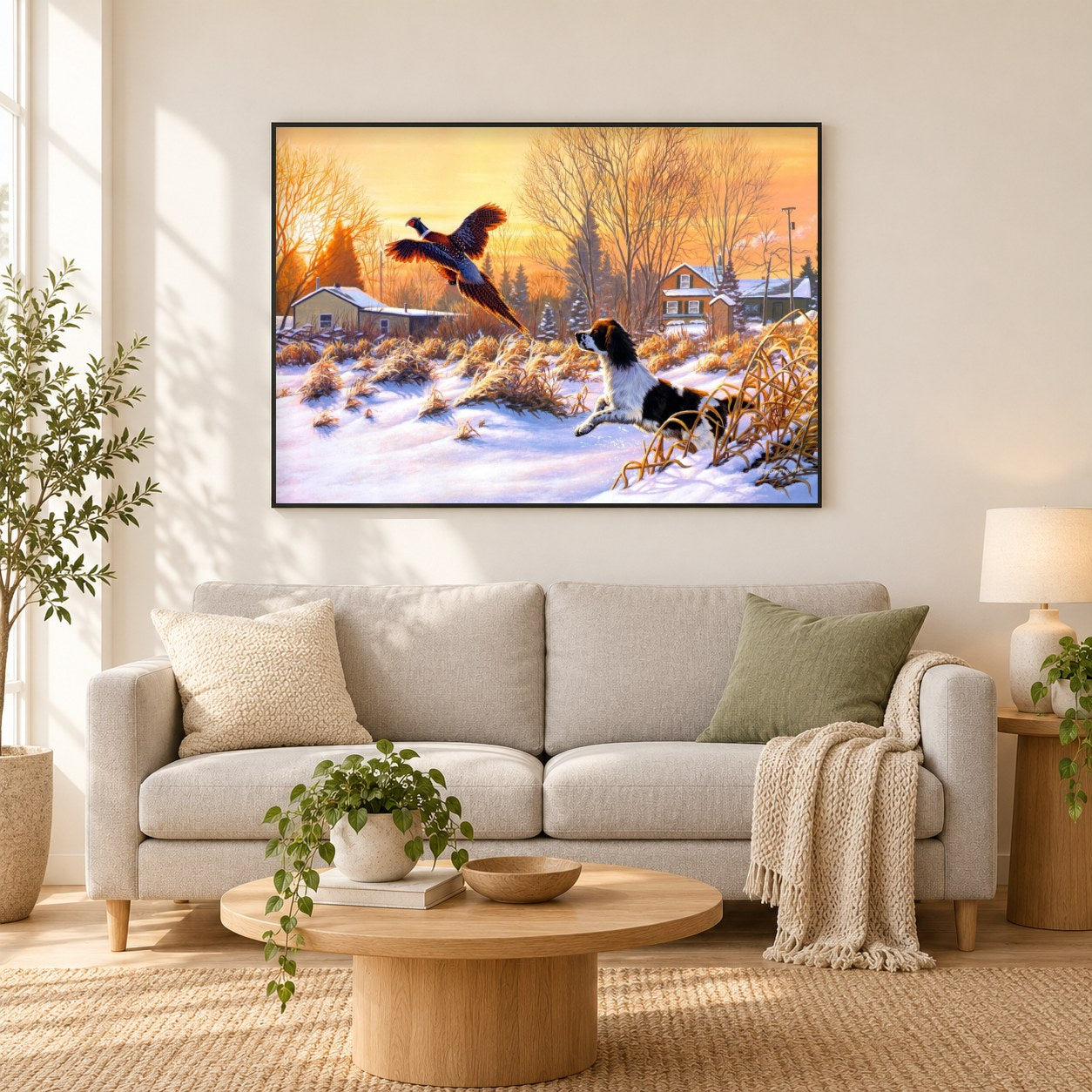 Jagdhund als gerahmtes Diamond Painting im Wohnzimmer