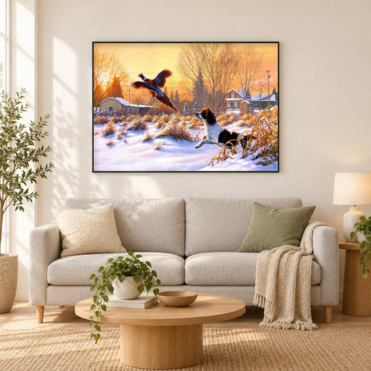 Jagdhund als gerahmtes Diamond Painting im Wohnzimmer