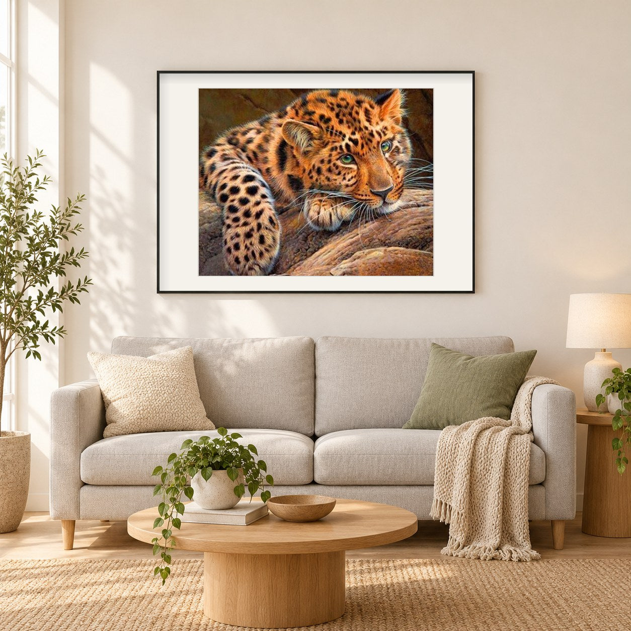 Jaguar Diamant als gerahmtes Diamond Painting im Wohnzimmer