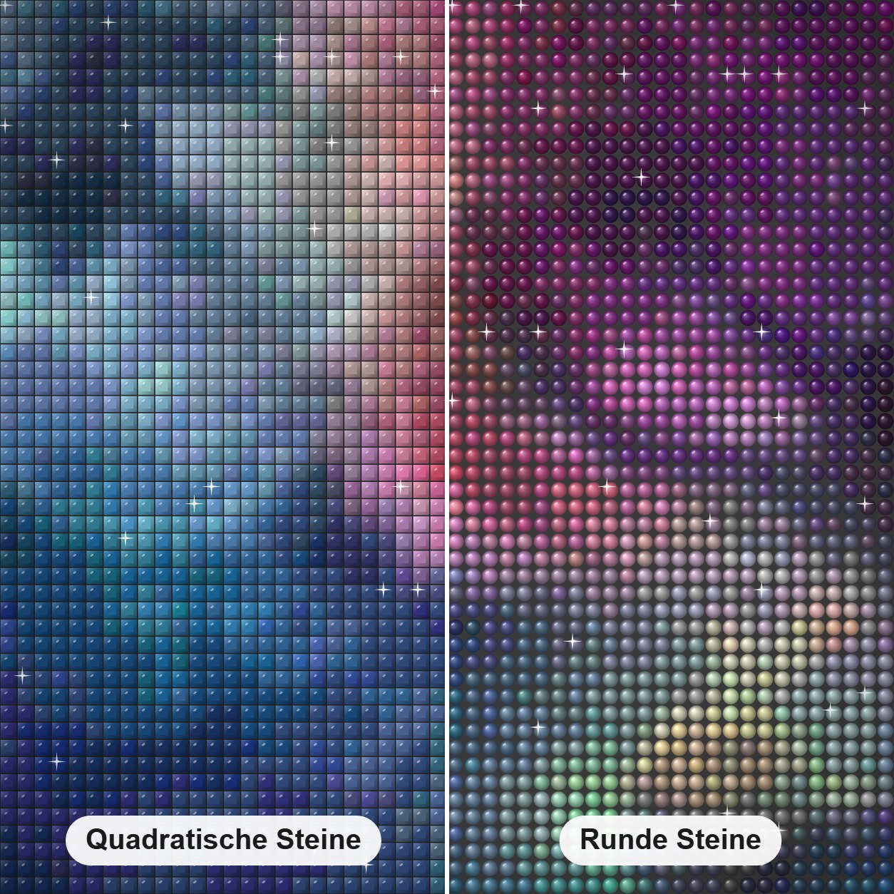 Jenseits dieser Welt Diamond Painting Nahaufnahme mit quadratischen und runden Steinen