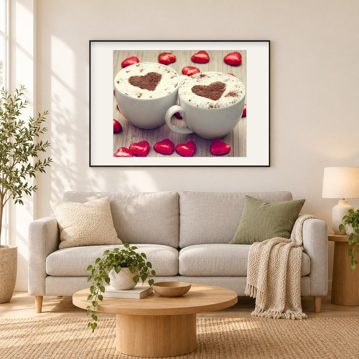 Kaffeetassen mit Herzen auf Schaum als gerahmtes Diamond Painting im Wohnzimmer