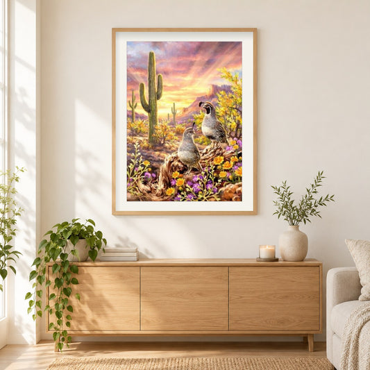 Kaktus & Vögel als gerahmtes Diamond Painting im Wohnzimmer