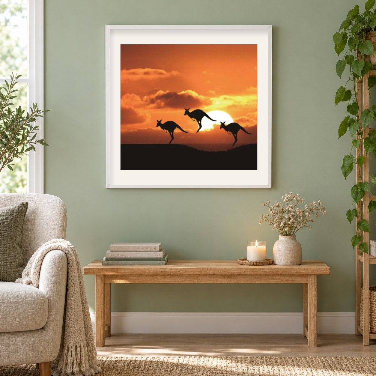 Kängurus & Sonnenuntergang als gerahmtes Diamond Painting im Wohnzimmer
