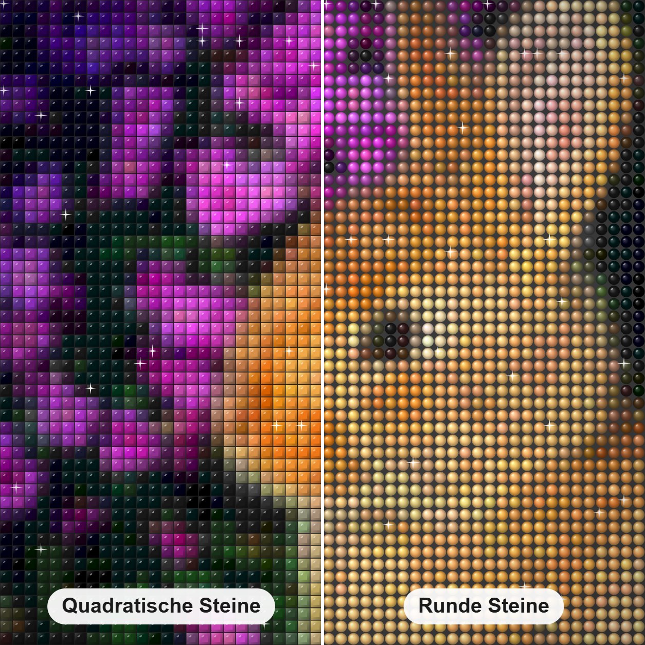 Kaninchen sitzen in Blumen Diamond Painting Nahaufnahme mit quadratischen und runden Steinen