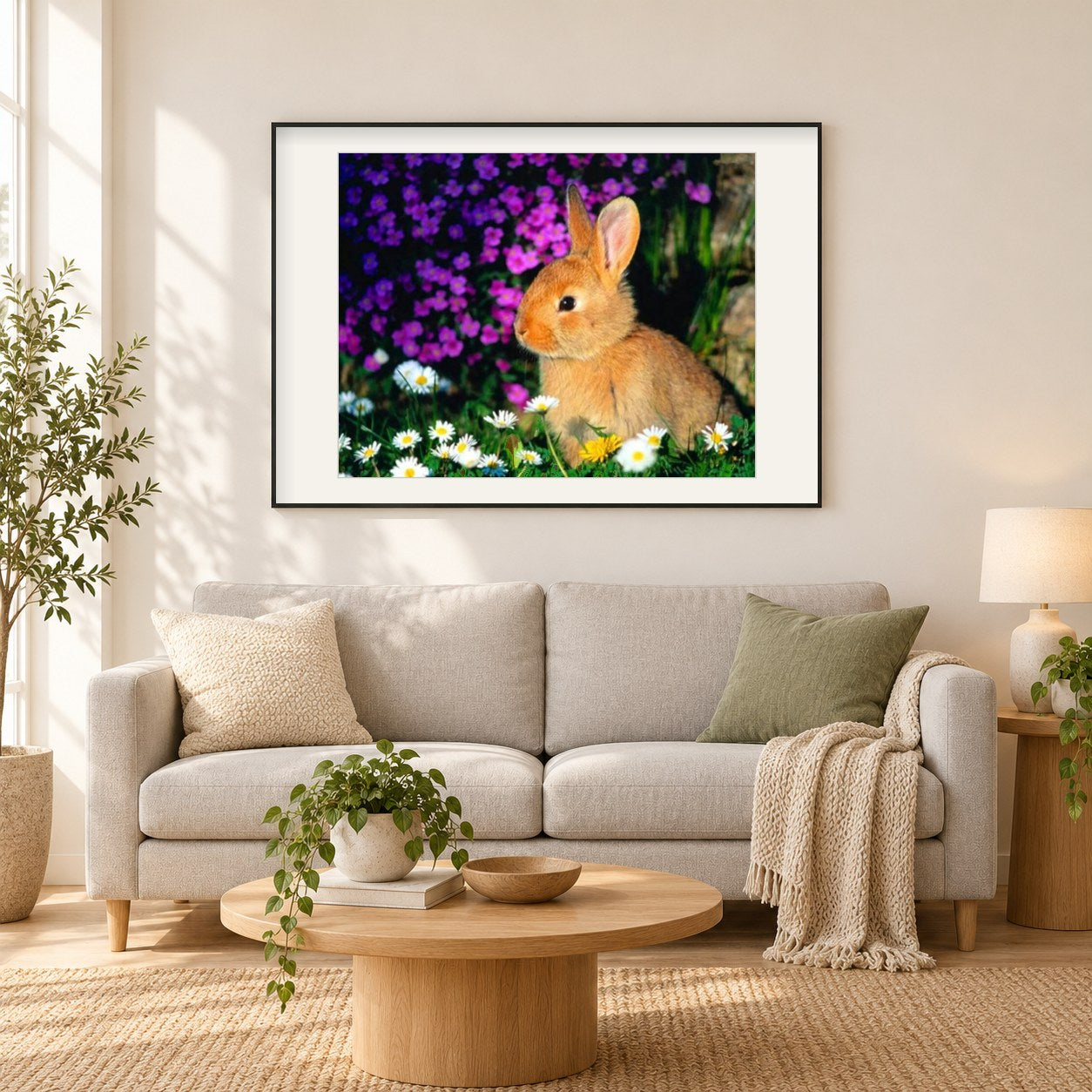Kaninchen sitzen in Blumen als gerahmtes Diamond Painting im Wohnzimmer