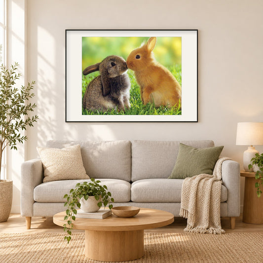 Kaninchenpaar DIY als gerahmtes Diamond Painting im Wohnzimmer