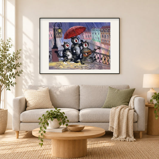 Karikatur Katzen, die Gitarre spielen als gerahmtes Diamond Painting im Wohnzimmer
