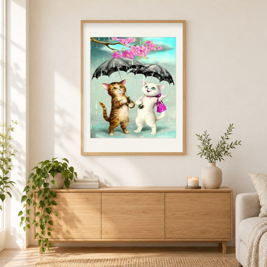 Karikatur-Katzen im Regen als gerahmtes Diamond Painting im Wohnzimmer