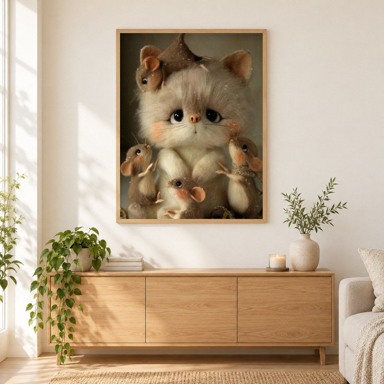 Karikatur Katzen & Maus als gerahmtes Diamond Painting im Wohnzimmer