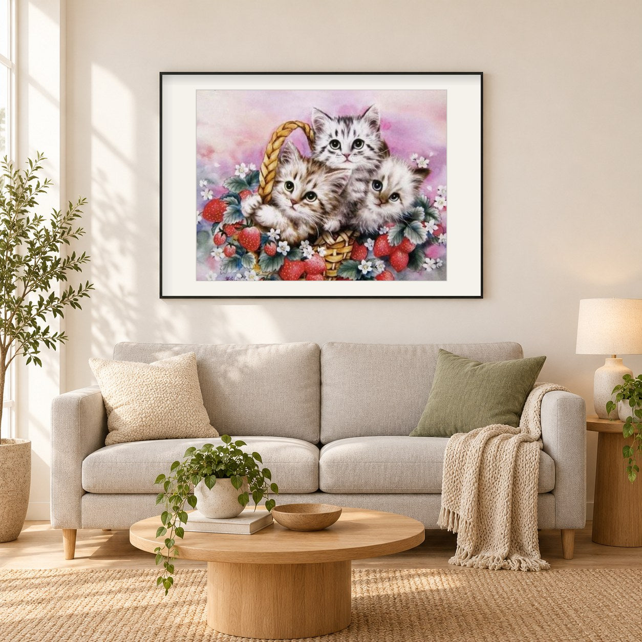 Kätzchen Korb als gerahmtes Diamond Painting im Wohnzimmer