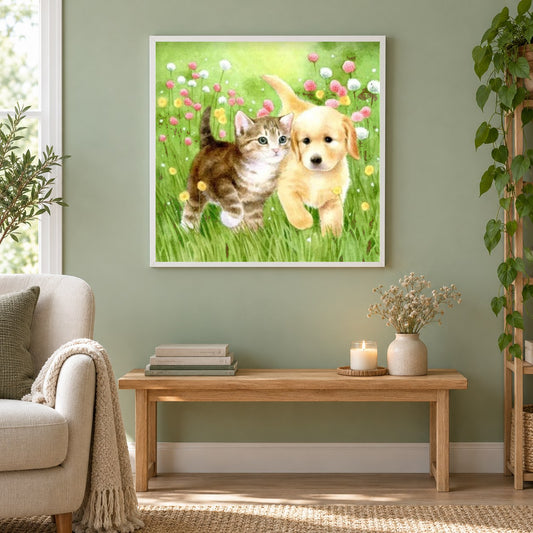 Kätzchen & Welpe im Garten als gerahmtes Diamond Painting im Wohnzimmer