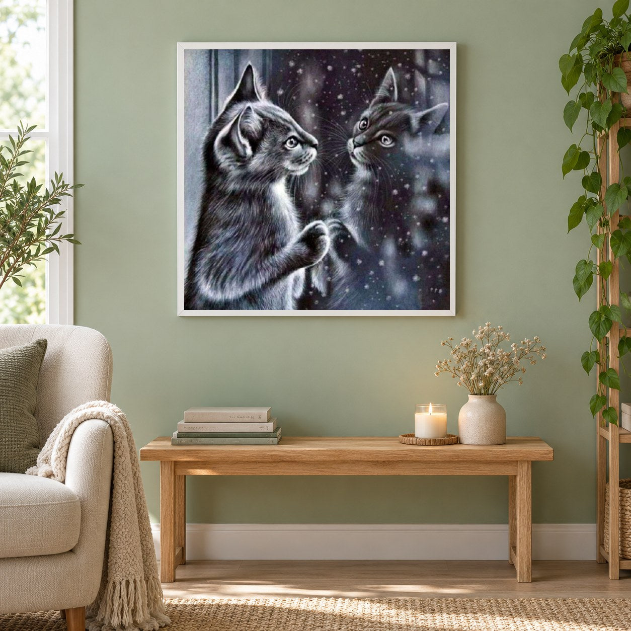 Katze bewundert ihr Spiegelbild als gerahmtes Diamond Painting im Wohnzimmer