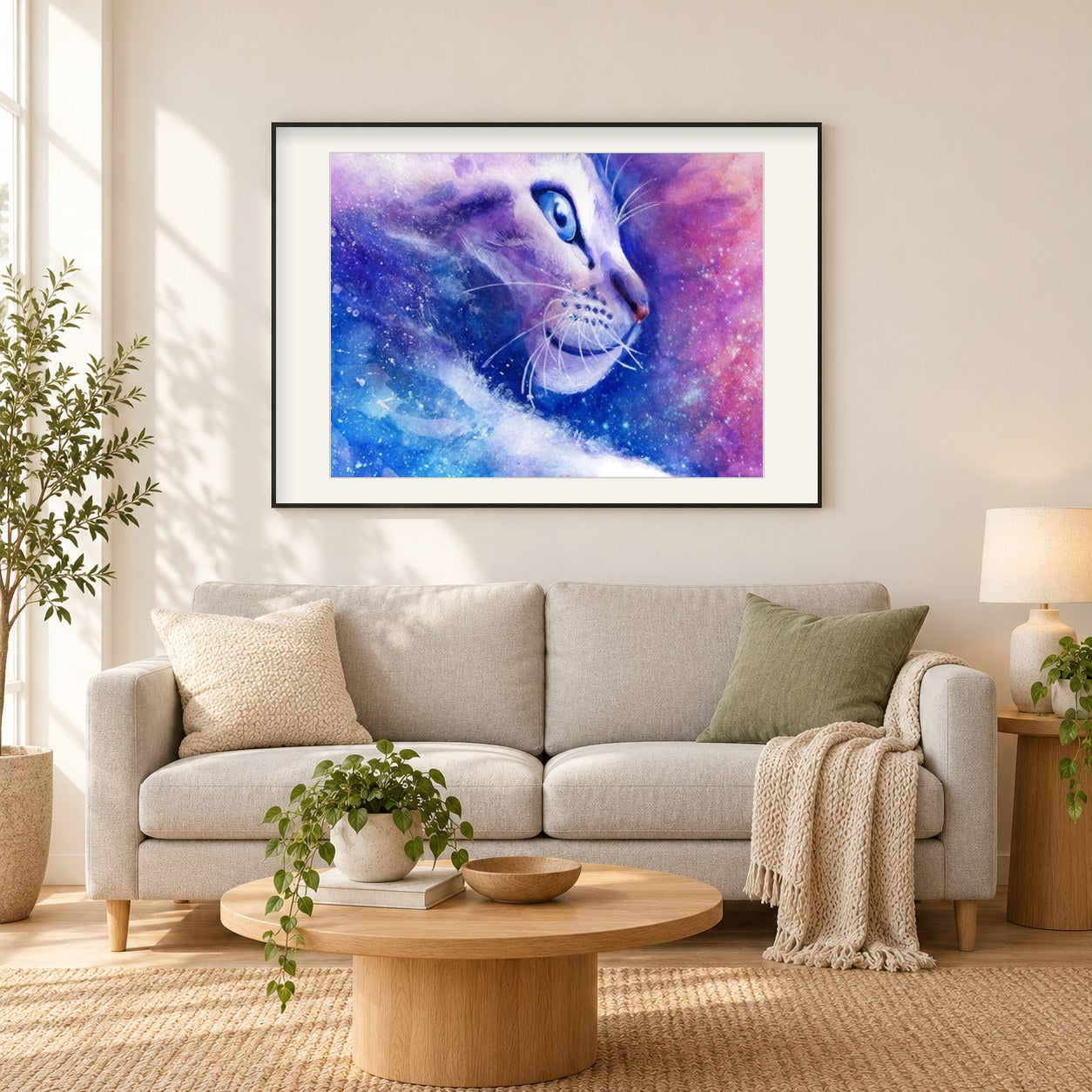 Katze Fantasie als gerahmtes Diamond Painting im Wohnzimmer