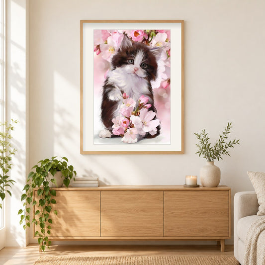 Katze in Kirschblüte als gerahmtes Diamond Painting im Wohnzimmer
