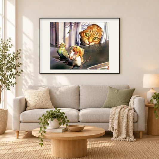 Katze ist bereit angreifen als gerahmtes Diamond Painting im Wohnzimmer