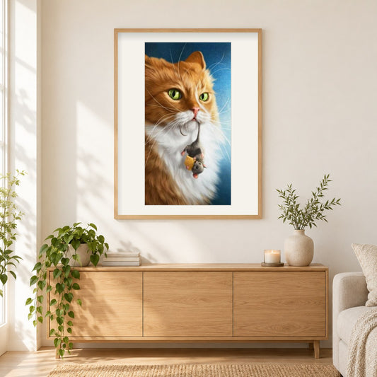 Katze mit Maus im Mund als gerahmtes Diamond Painting im Wohnzimmer