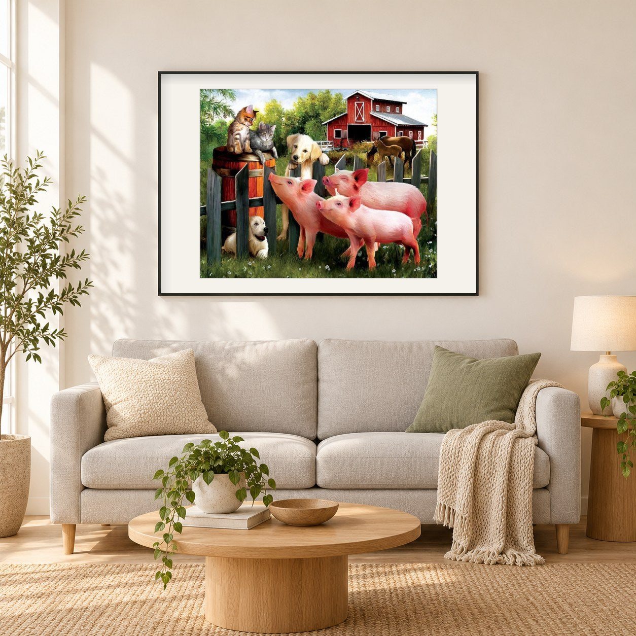 Katzen, Hunde, Schweine & Pferde als gerahmtes Diamond Painting im Wohnzimmer