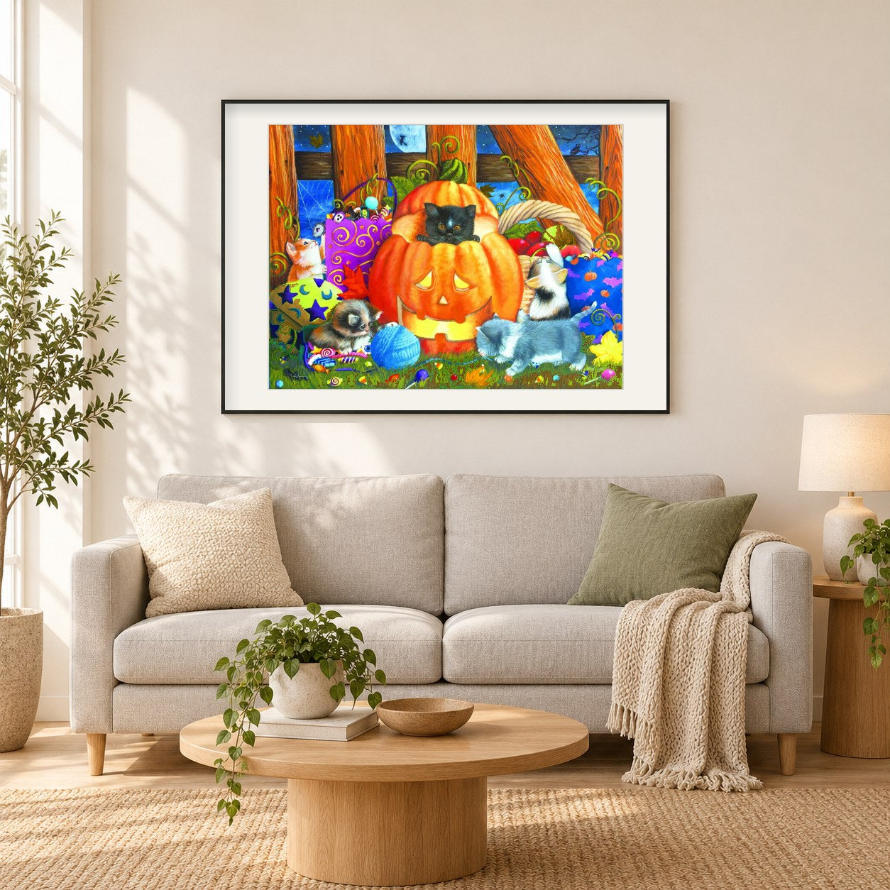 Katzen & Kürbis - Halloween als gerahmtes Diamond Painting im Wohnzimmer