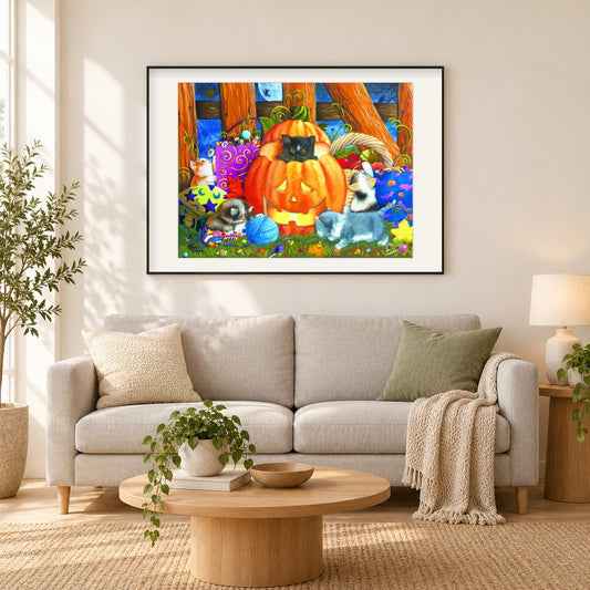 Katzen & Kürbis - Halloween als gerahmtes Diamond Painting im Wohnzimmer
