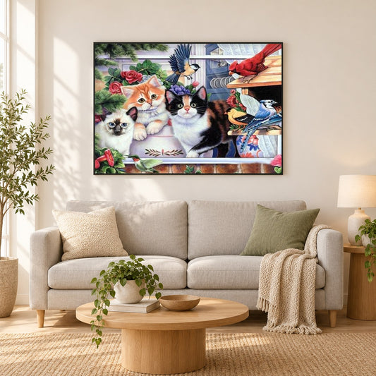 Katzen & Vögel DIY Diamond Paintings als gerahmtes Diamond Painting im Wohnzimmer
