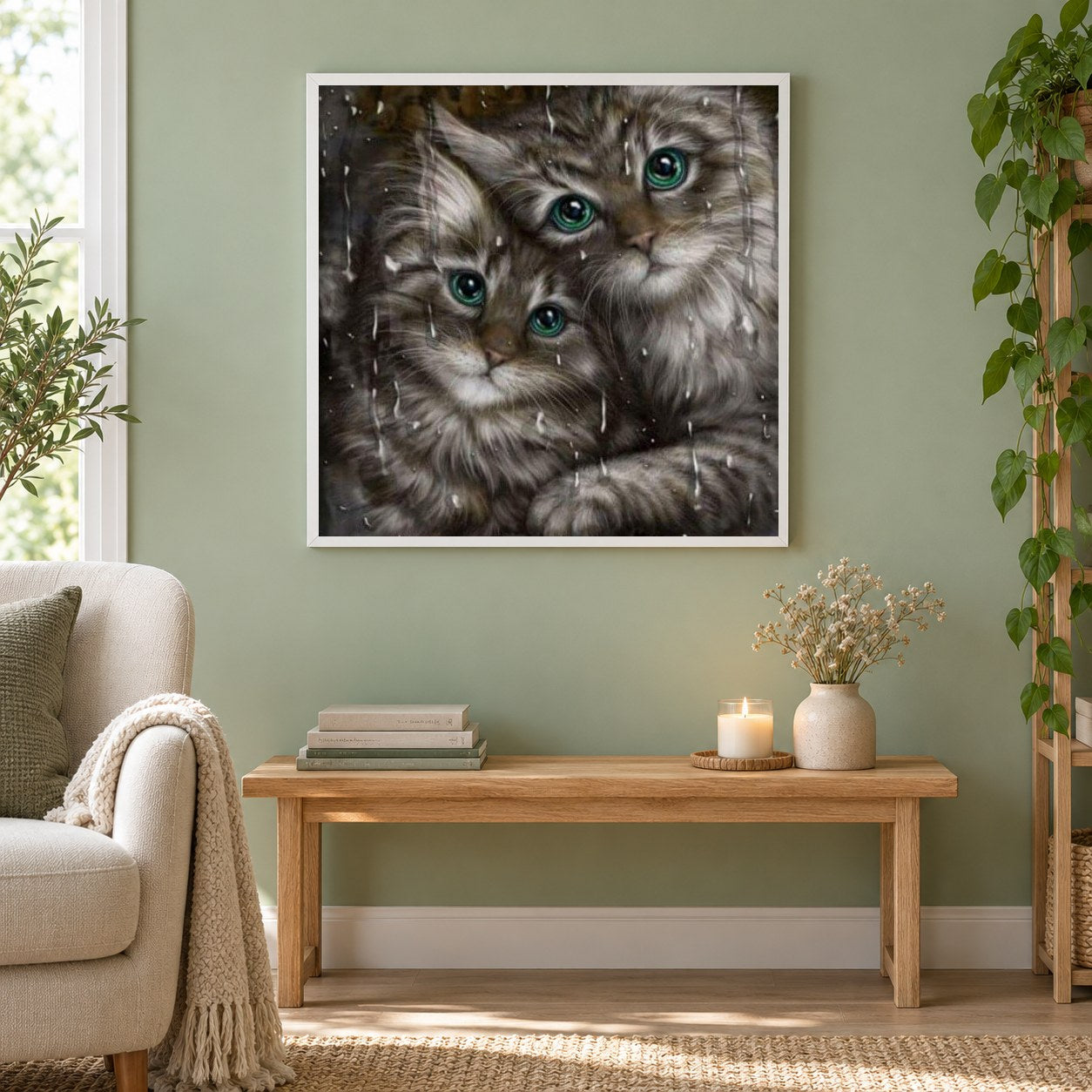 Katzenpaar & regnerisches Glasfenster als gerahmtes Diamond Painting im Wohnzimmer