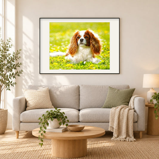 Kavalier König Charles Spaniel Welpe als gerahmtes Diamond Painting im Wohnzimmer