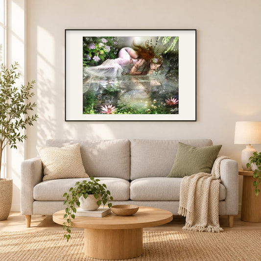 Keltische Göttin als gerahmtes Diamond Painting im Wohnzimmer
