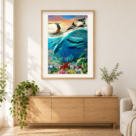 Killerwale und Delfine als gerahmtes Diamond Painting im Wohnzimmer