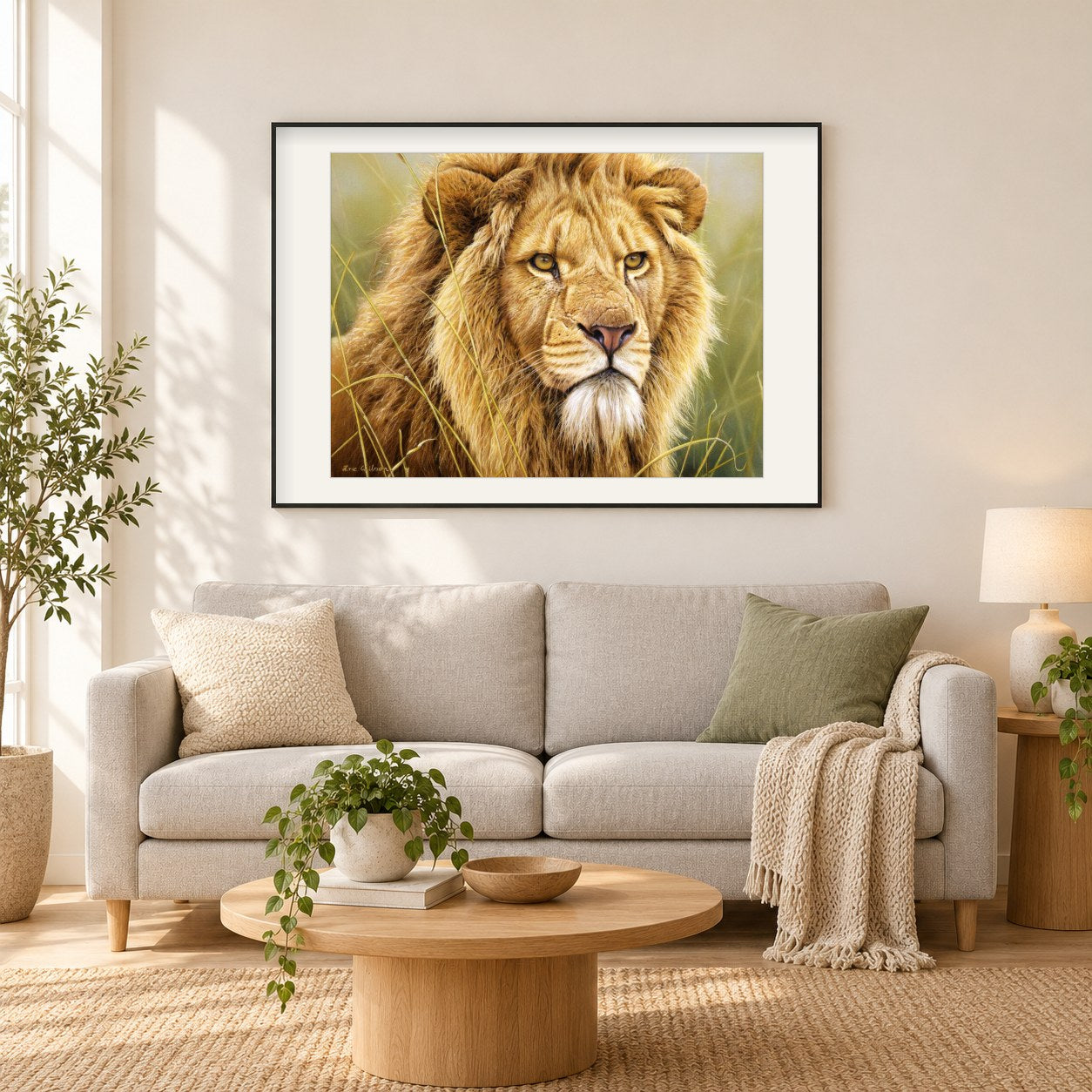 König der Bestien -  Kunst des Eric Wilson als gerahmtes Diamond Painting im Wohnzimmer