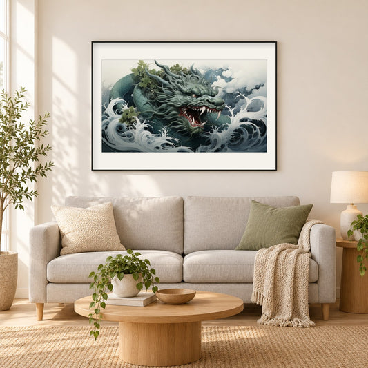 König der Wellen – Drache als gerahmtes Diamond Painting im Wohnzimmer