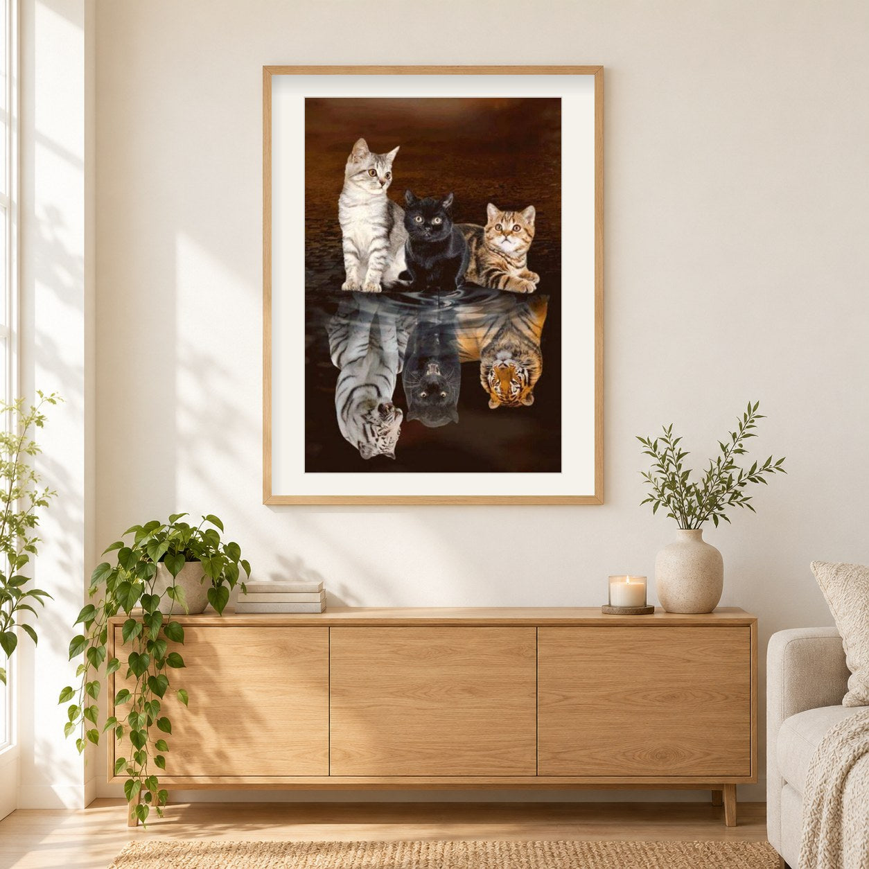 Kleine Katzen träumen große als gerahmtes Diamond Painting im Wohnzimmer