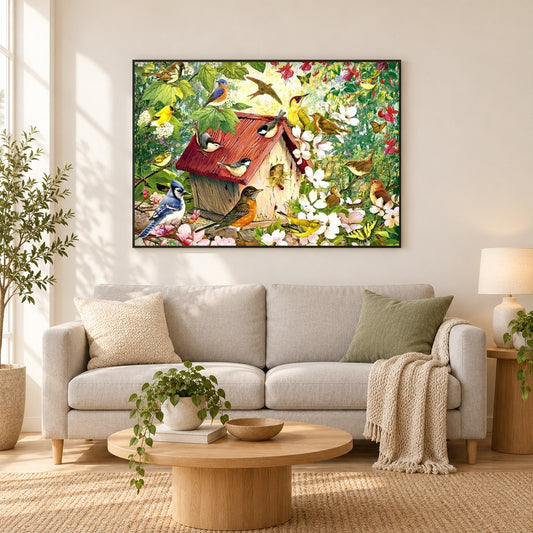 Kleine Welt der süßen Vögel als gerahmtes Diamond Painting im Wohnzimmer
