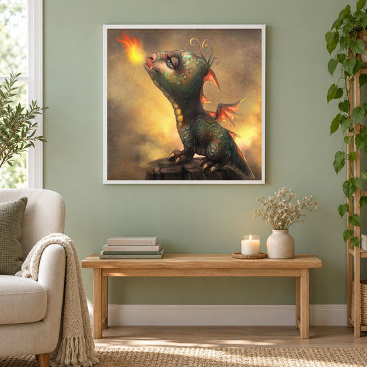 Kleiner Drache bläst Feuer als gerahmtes Diamond Painting im Wohnzimmer