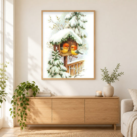 Kleines Vogelhaus im Schnee als gerahmtes Diamond Painting im Wohnzimmer