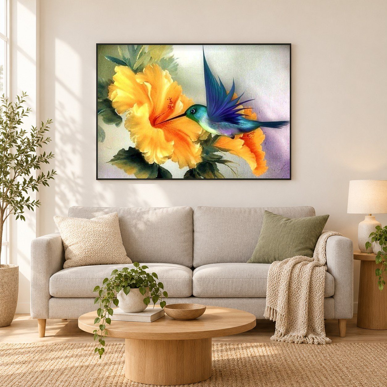 Kolibri als gerahmtes Diamond Painting im Wohnzimmer