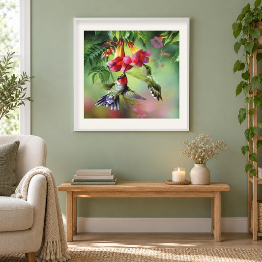 Kolibris die Blumennektar trinken als gerahmtes Diamond Painting im Wohnzimmer