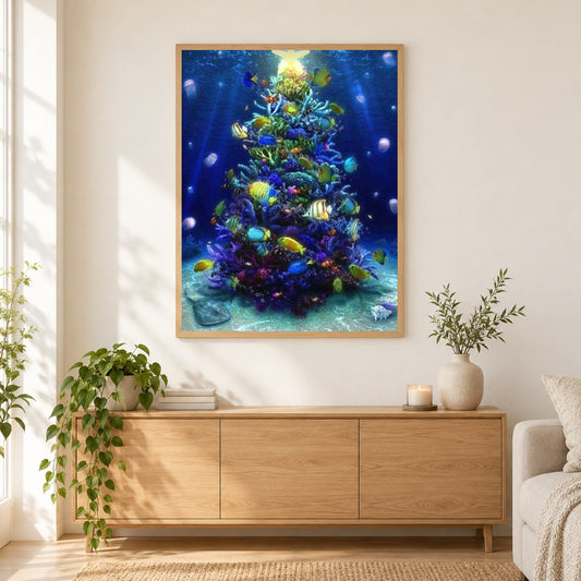 Korallen Weihnachtsbaum als gerahmtes Diamond Painting im Wohnzimmer